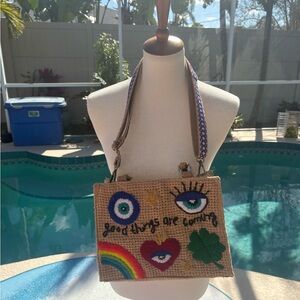 New Evil Eye Embroidered Jute Bag with Bamboo Handle
